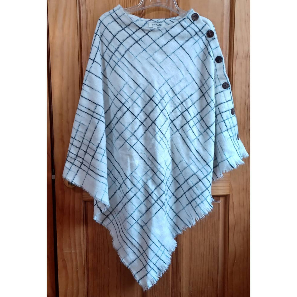 Simply Noelle Poncho OS Cream, blue and black. Classic Comfy Fringe Lightweight